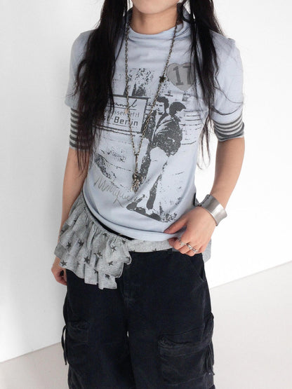 innomoood Vintage Film Print Patchwork Striped Hooded Women&