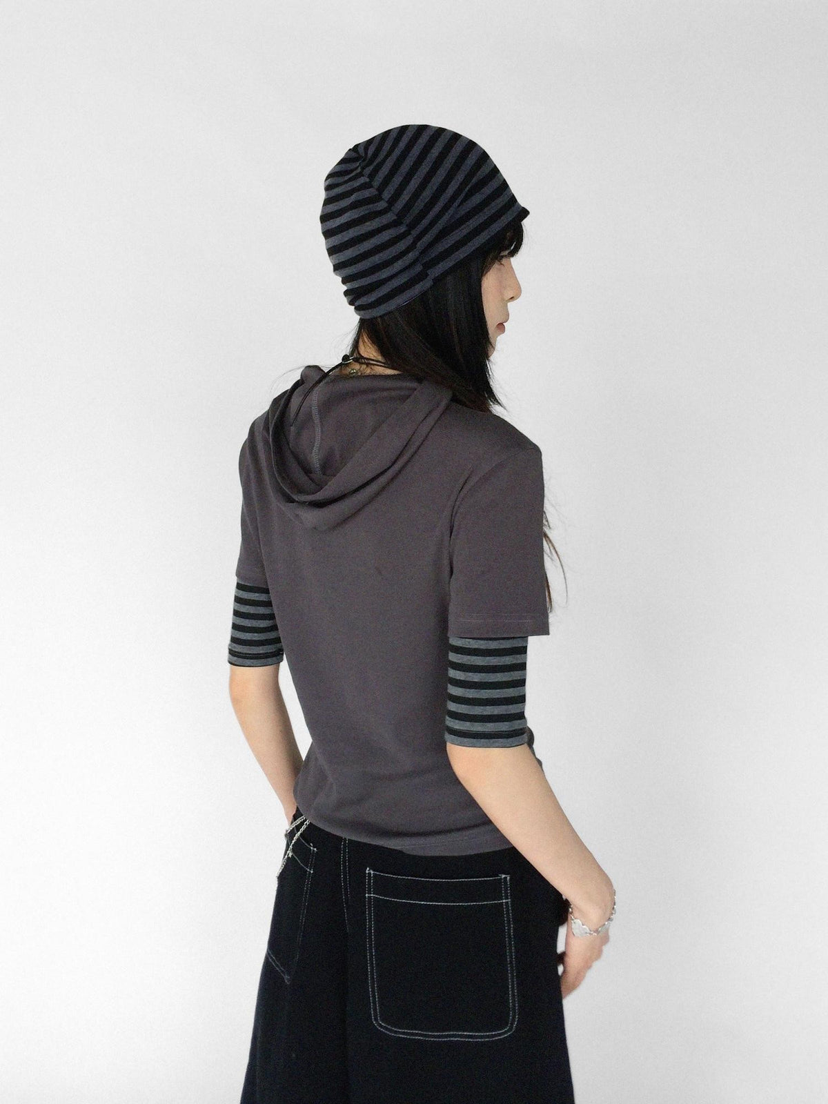 innomoood Vintage Film Print Patchwork Striped Hooded Women&