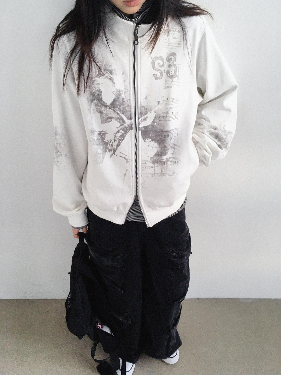 innomoood Vintage Sheet Music Print Stand Collar Raw Edge Women&
