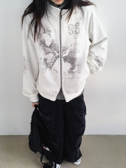 innomoood Vintage Sheet Music Print Stand Collar Raw Edge Women&