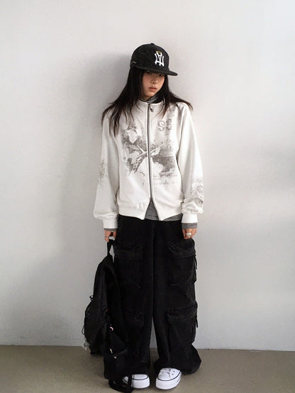 innomoood Vintage Sheet Music Print Stand Collar Raw Edge Women&