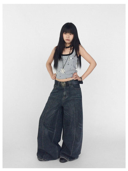 Vintage Washed Blue Baggy Low Rise Jeans