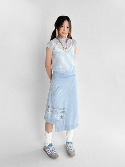 innomoood Vintage Washed Frayed Hem A Line Denim Skirt