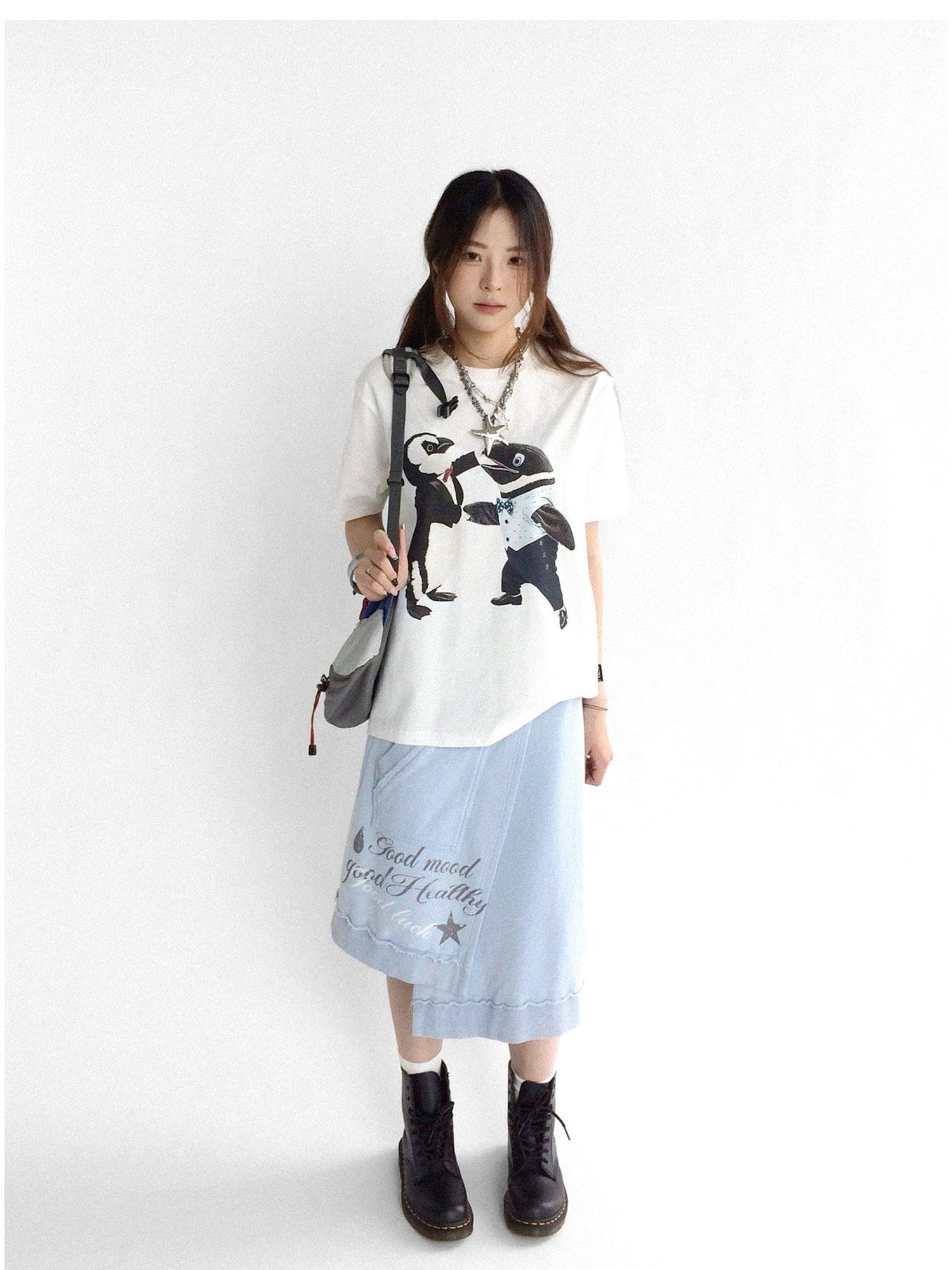 innomoood Vintage Washed Frayed Hem A Line Denim Skirt