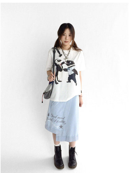 innomoood Vintage Washed Frayed Hem A Line Denim Skirt