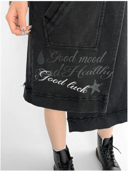innomoood Vintage Washed Frayed Hem A Line Denim Skirt