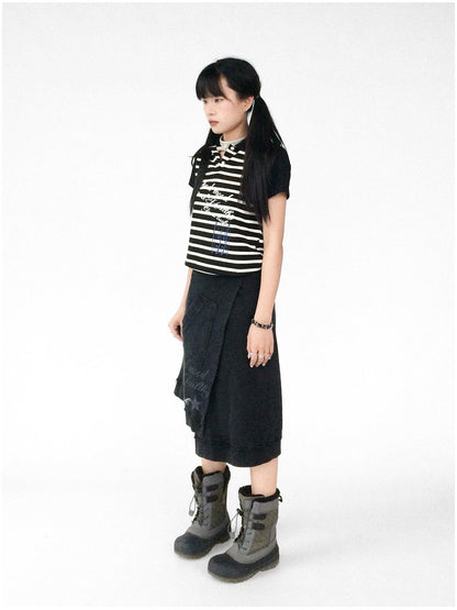 innomoood Vintage Washed Frayed Hem A Line Denim Skirt