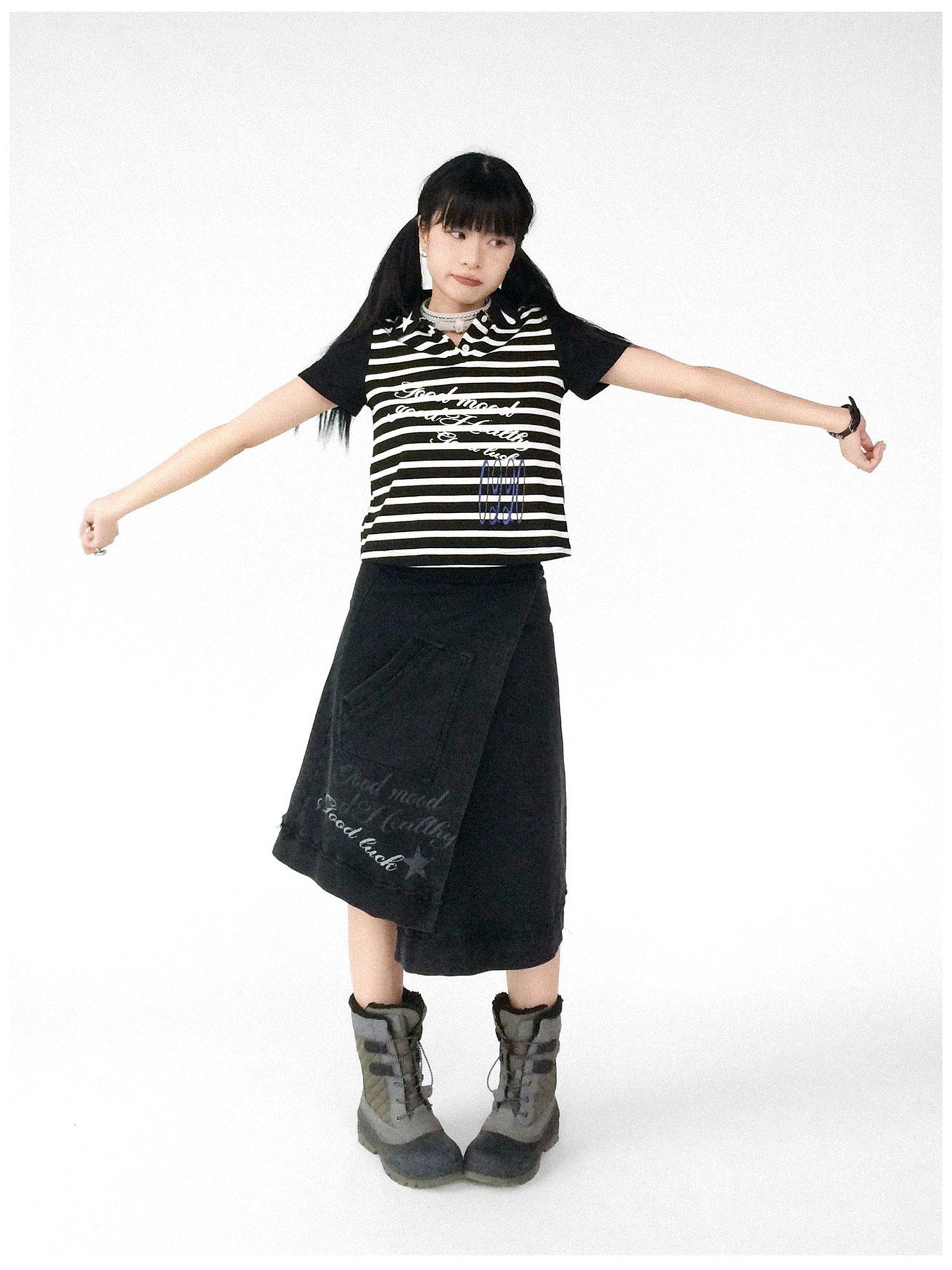 innomoood Vintage Washed Frayed Hem A Line Denim Skirt