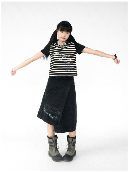 innomoood Vintage Washed Frayed Hem A Line Denim Skirt