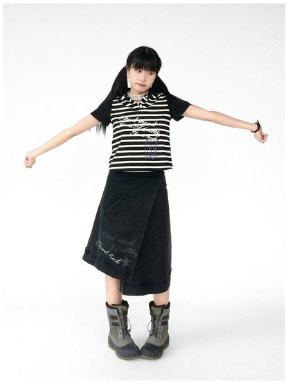 Vintage Washed Frayed Hem A Line Denim Skirt