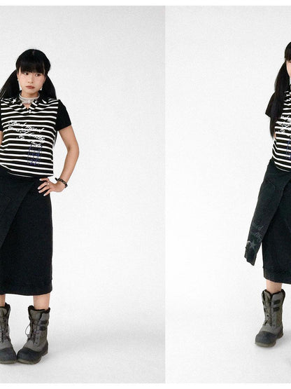 innomoood Vintage Washed Frayed Hem A Line Denim Skirt