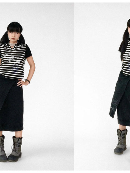 Vintage Washed Frayed Hem A Line Denim Skirt