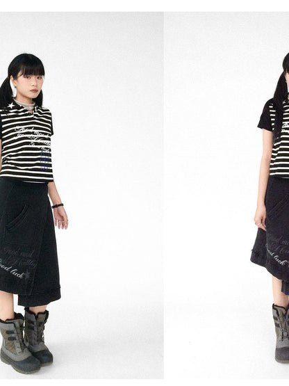 innomoood Vintage Washed Frayed Hem A Line Denim Skirt