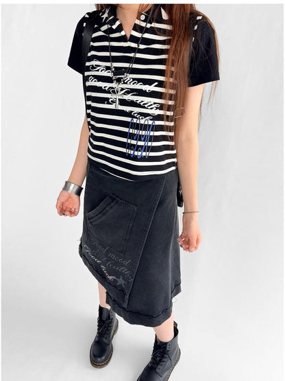 innomoood Vintage Washed Frayed Hem A Line Denim Skirt