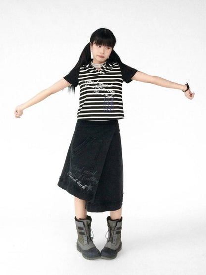 Vintage Washed Frayed Hem A Line Denim Skirt