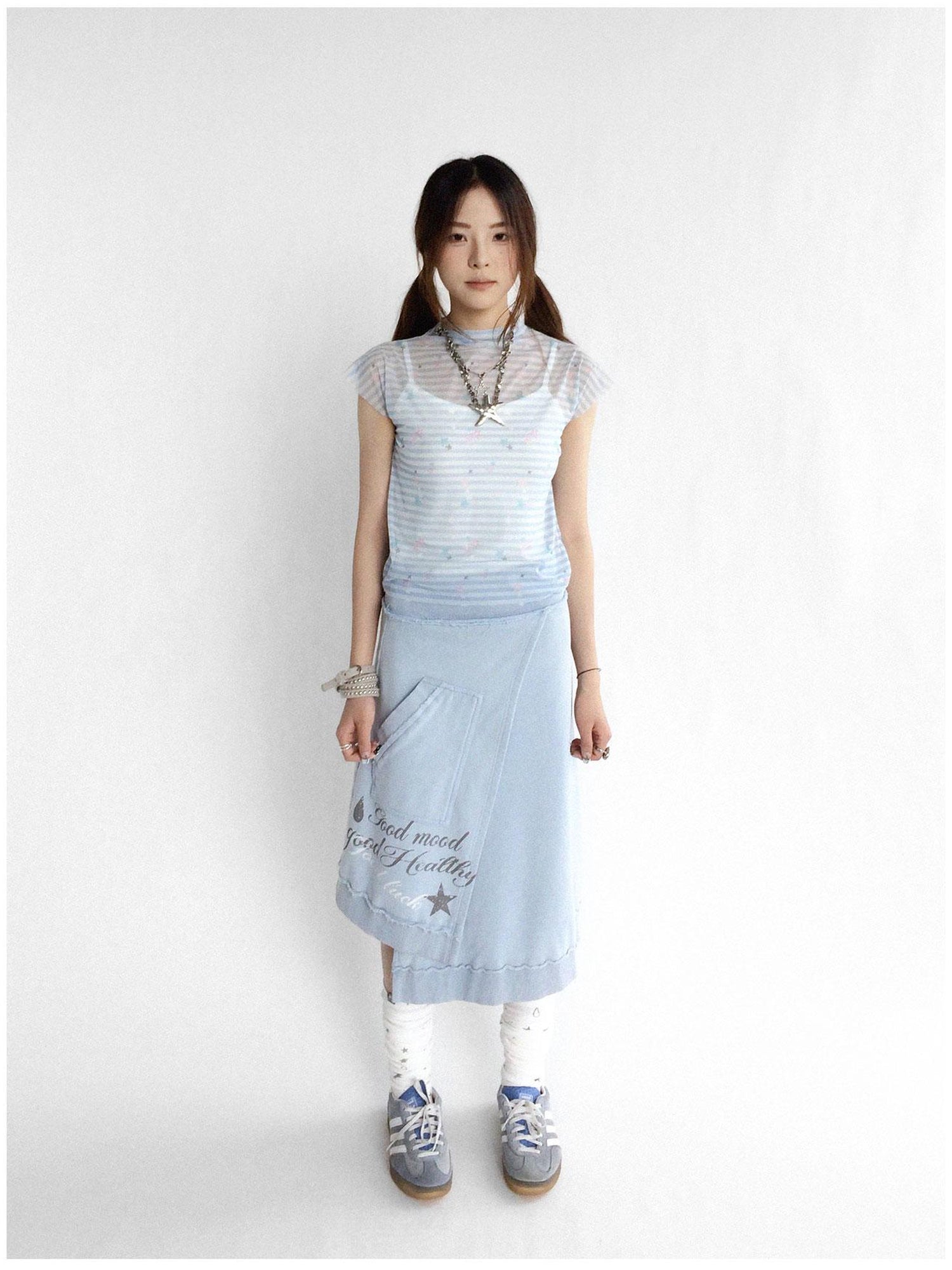 innomoood Vintage Washed Frayed Hem A Line Denim Skirt