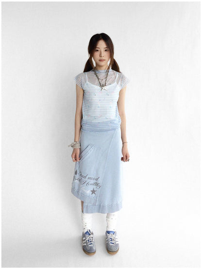 innomoood Vintage Washed Frayed Hem A Line Denim Skirt