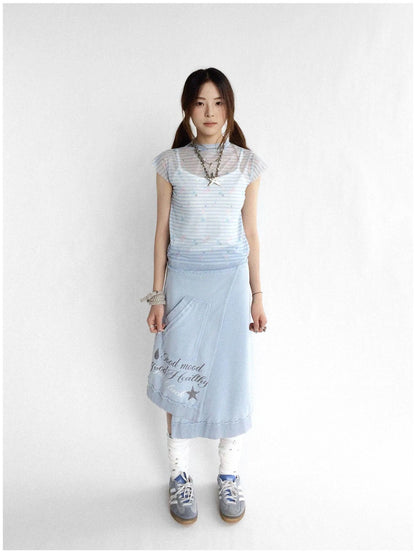 Vintage Washed Frayed Hem A Line Denim Skirt