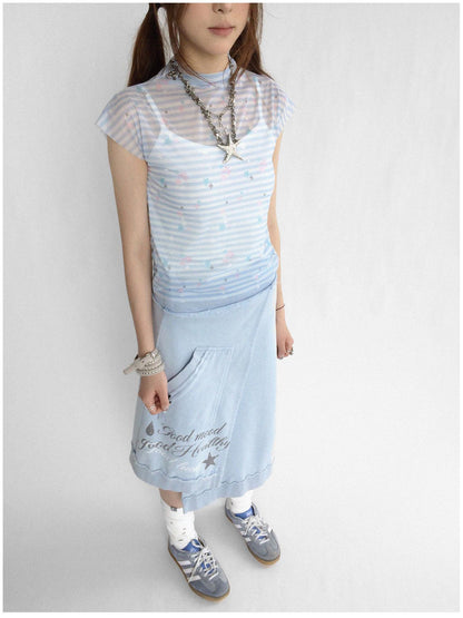 innomoood Vintage Washed Frayed Hem A Line Denim Skirt