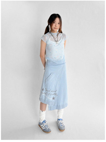 innomoood Vintage Washed Frayed Hem A Line Denim Skirt