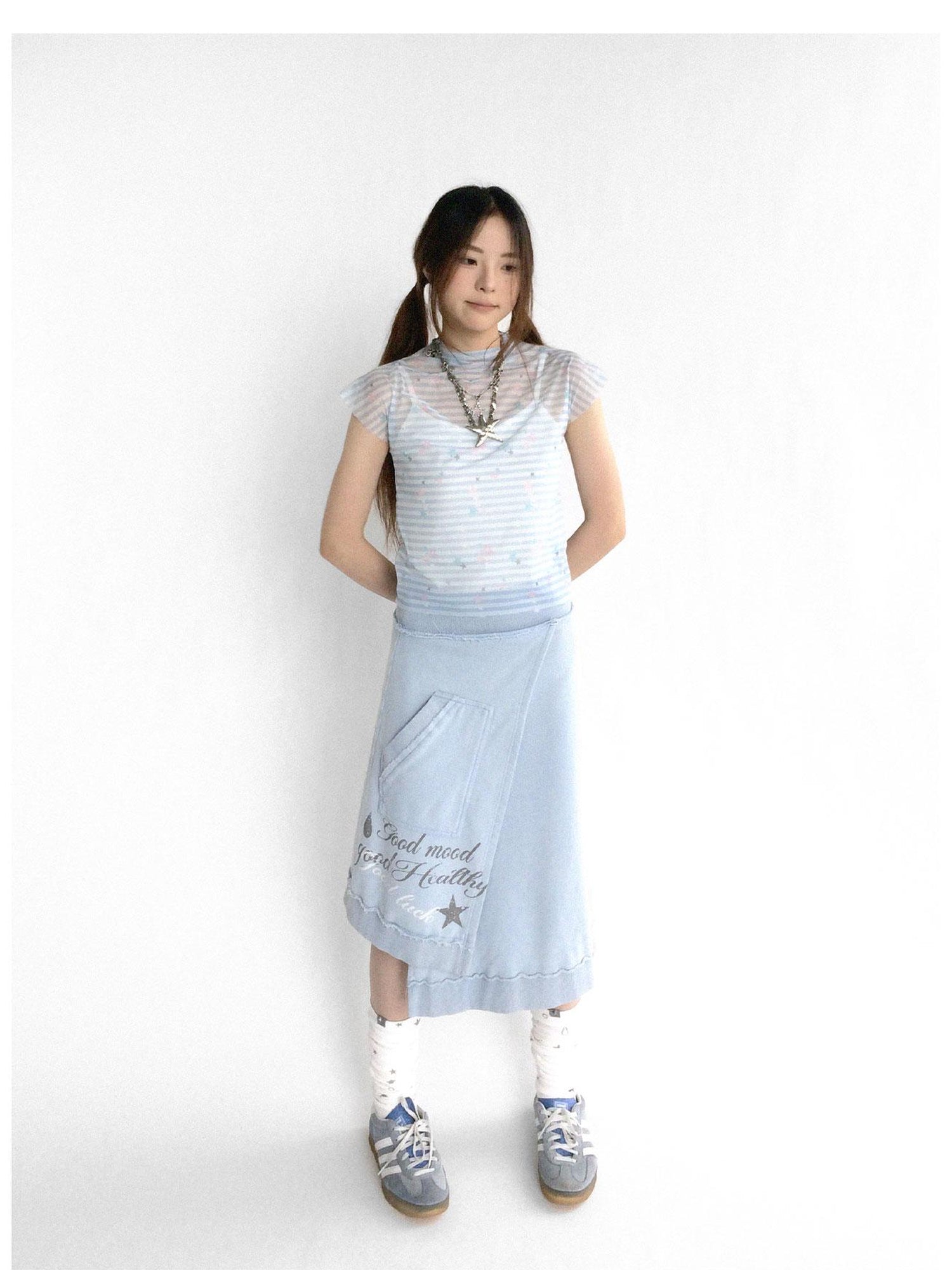 innomoood Vintage Washed Frayed Hem A Line Denim Skirt