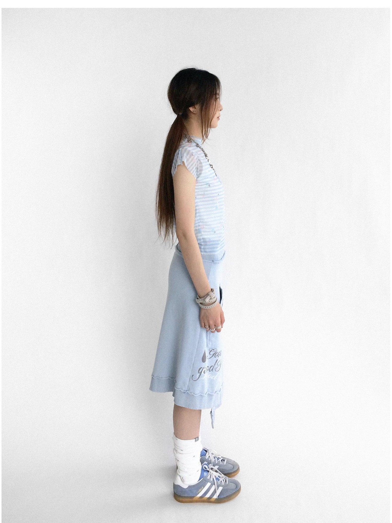 innomoood Vintage Washed Frayed Hem A Line Denim Skirt