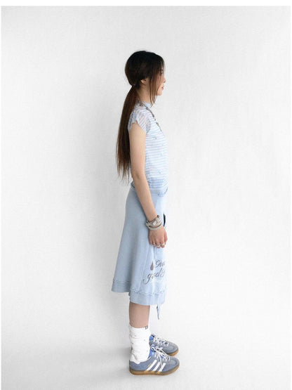 Vintage Washed Frayed Hem A Line Denim Skirt