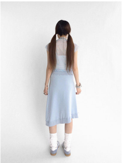 innomoood Vintage Washed Frayed Hem A Line Denim Skirt