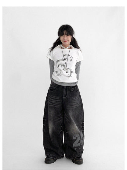 innomoood Vintage Washed Y2K Distressed Print Cargo Trousers