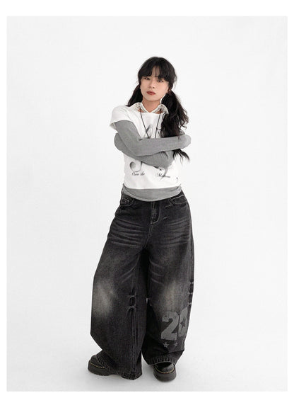 innomoood Vintage Washed Y2K Distressed Print Cargo Trousers