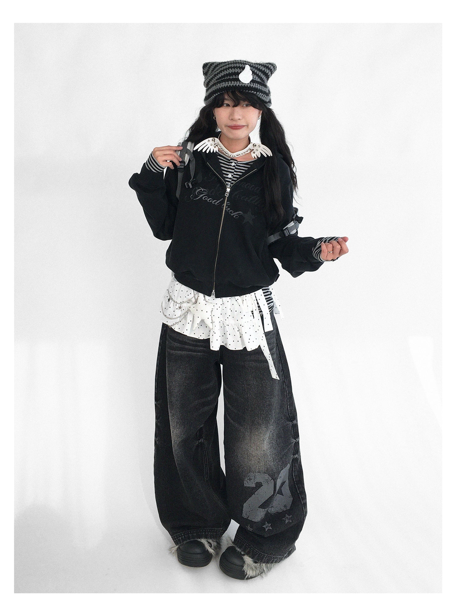innomoood Vintage Washed Y2K Distressed Print Cargo Trousers