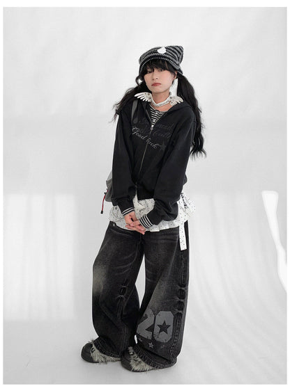 innomoood Vintage Washed Y2K Distressed Print Cargo Trousers