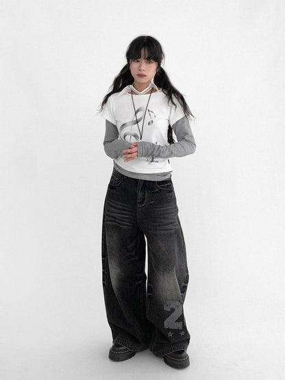innomoood Vintage Washed Y2K Distressed Print Cargo Trousers