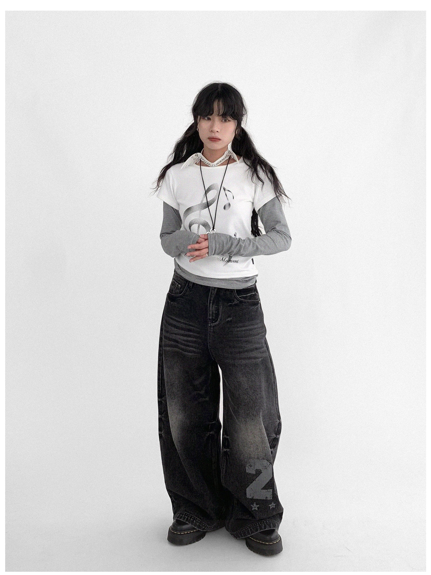 innomoood Vintage Washed Y2K Distressed Print Cargo Trousers