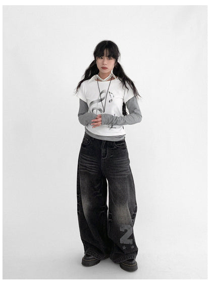 innomoood Vintage Washed Y2K Distressed Print Cargo Trousers