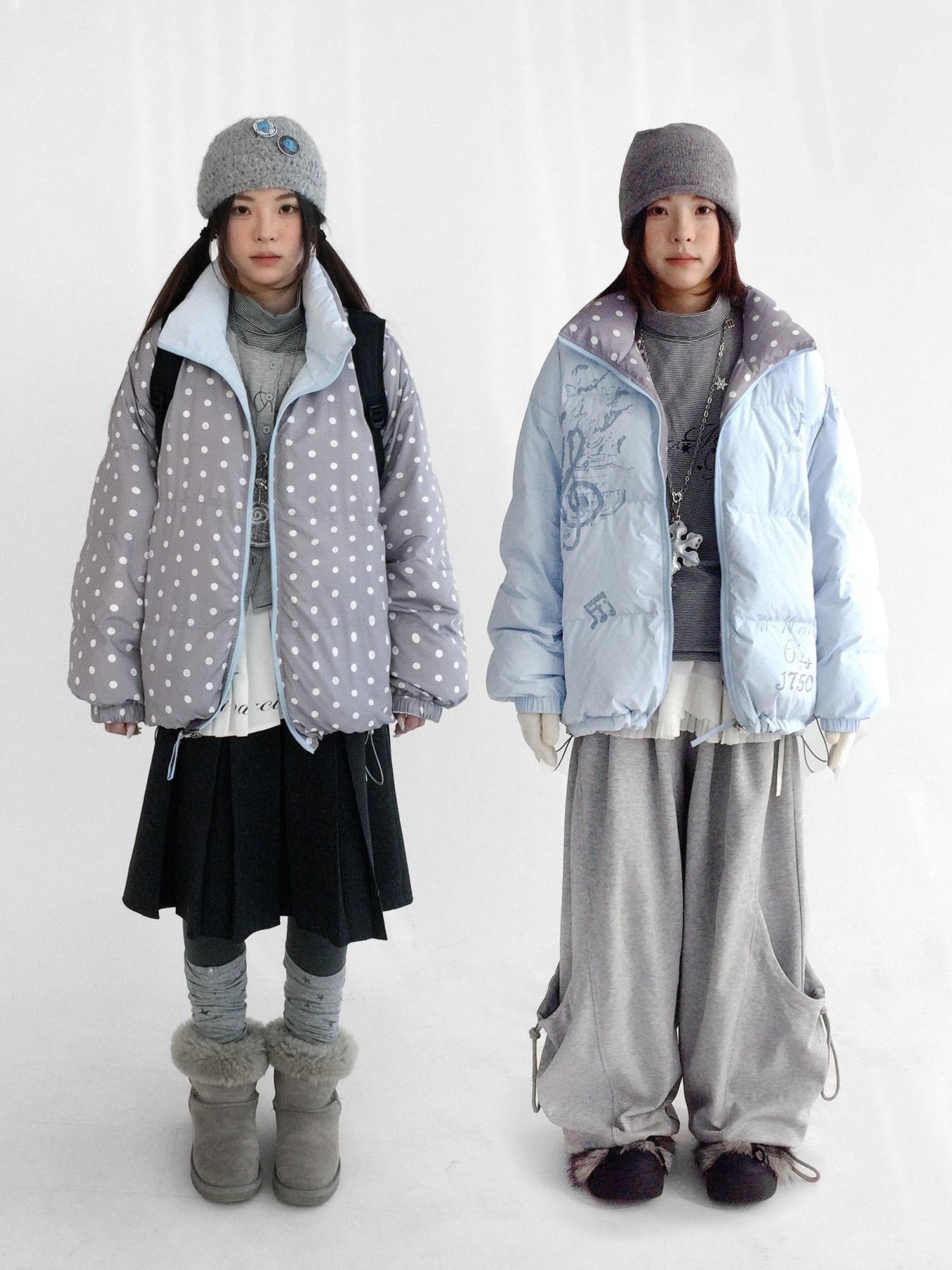 innomoood Warm 90 Percent Duck Down Reversible Polka Dot Loose Midlength Women Down Jacket