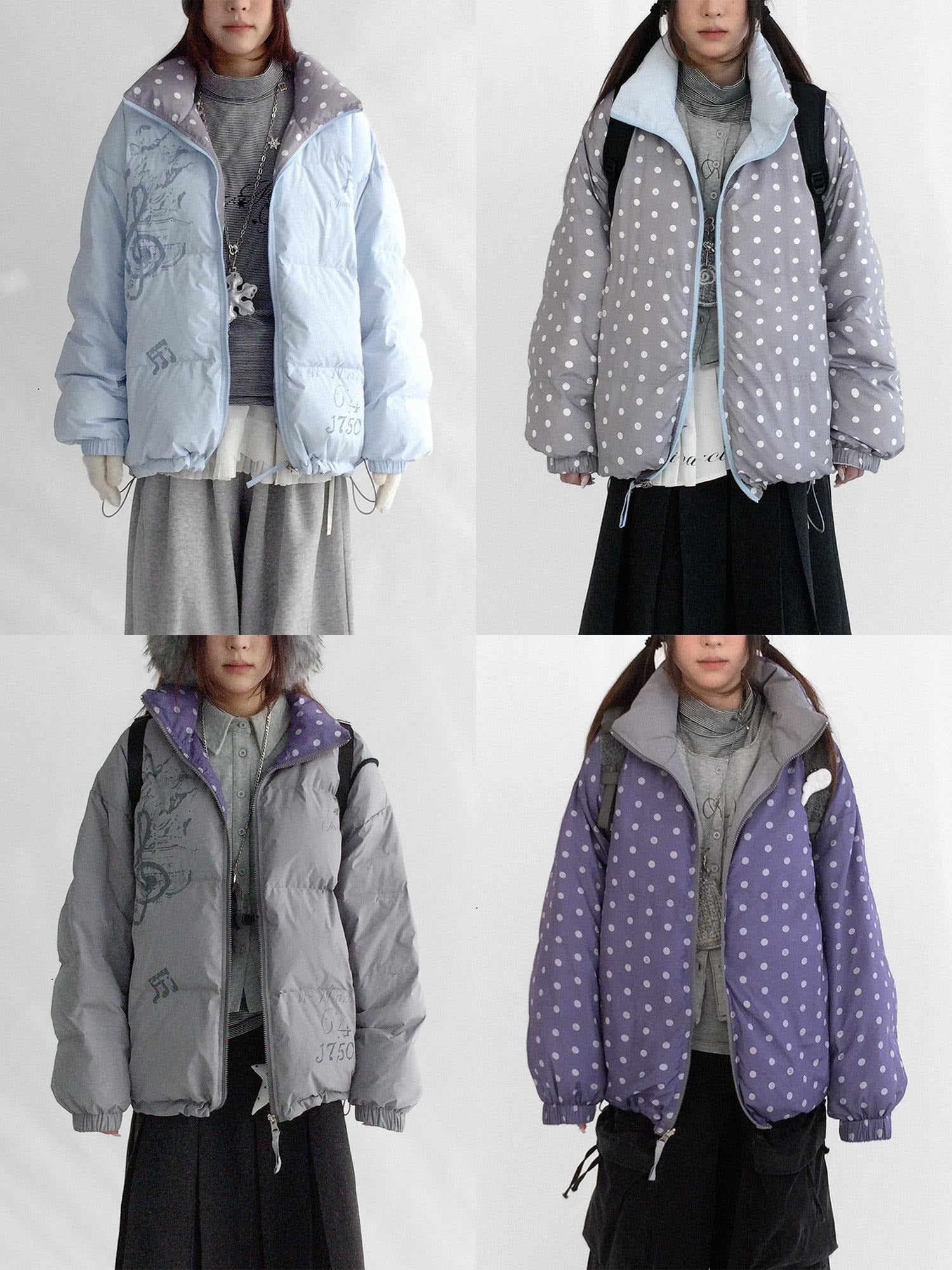 innomoood Warm 90 Percent Duck Down Reversible Polka Dot Loose Midlength Women Down Jacket