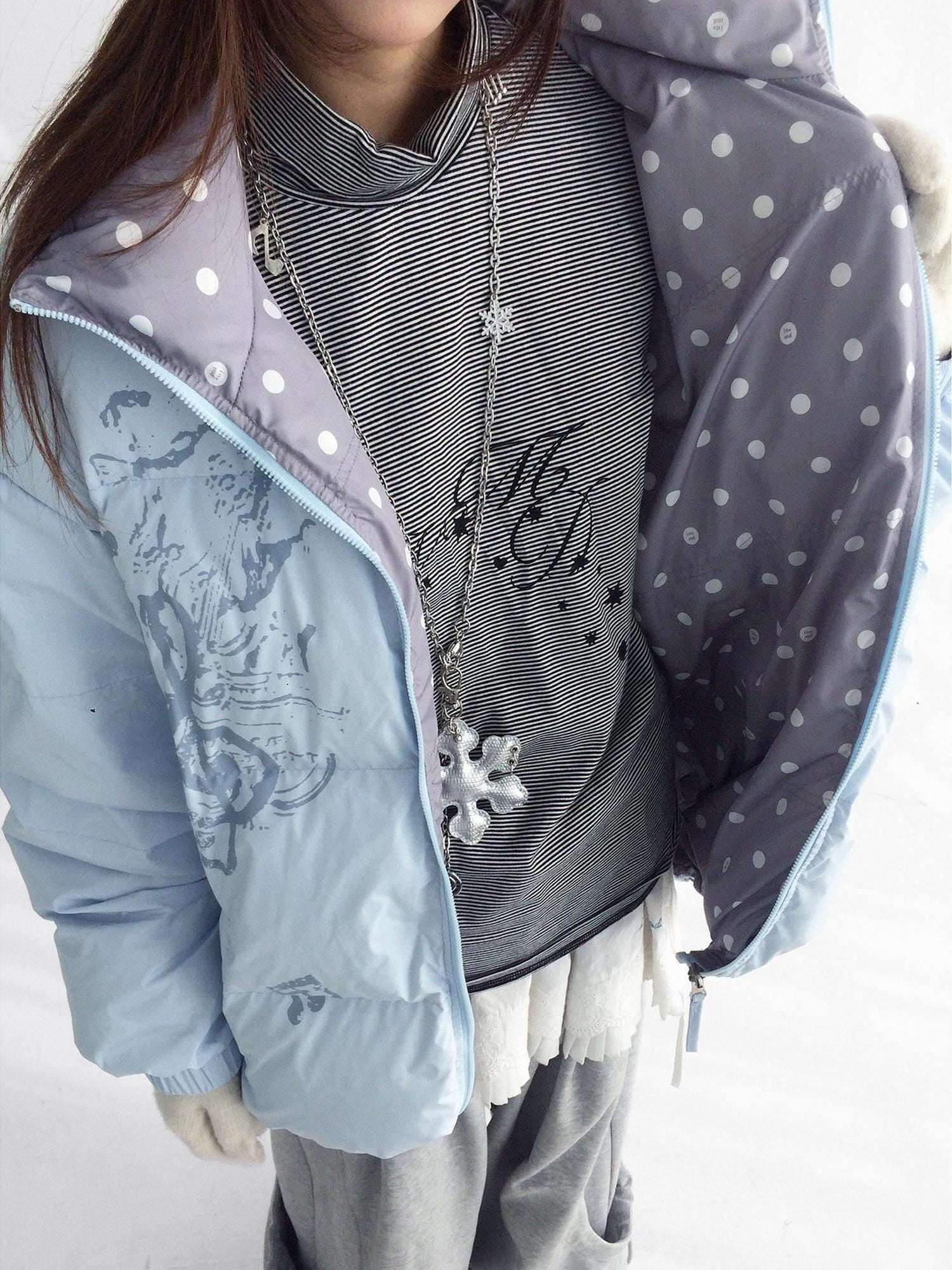 innomoood Warm 90 Percent Duck Down Reversible Polka Dot Loose Midlength Women Down Jacket