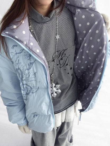 innomoood Warm 90 Percent Duck Down Reversible Polka Dot Loose Midlength Women Down Jacket