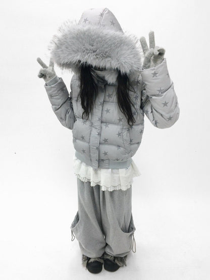 innomoood Warm 90% White Duck Down Star Print Removable Hood Straight Zip Down Jacket