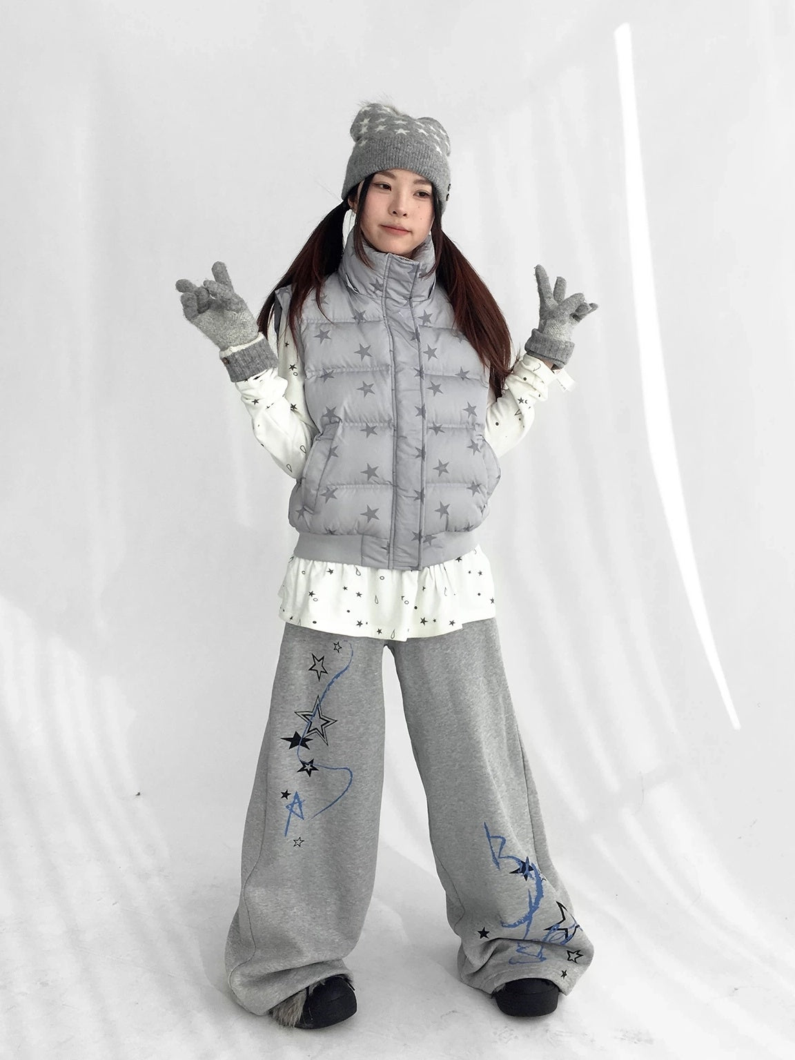 innomoood Warm 90% White Duck Down Star Print Removable Hood Straight Zip Down Jacket