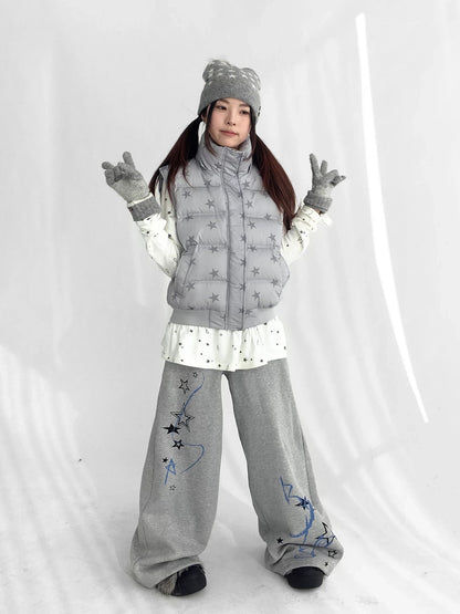 innomoood Warm 90% White Duck Down Star Print Removable Hood Straight Zip Down Jacket