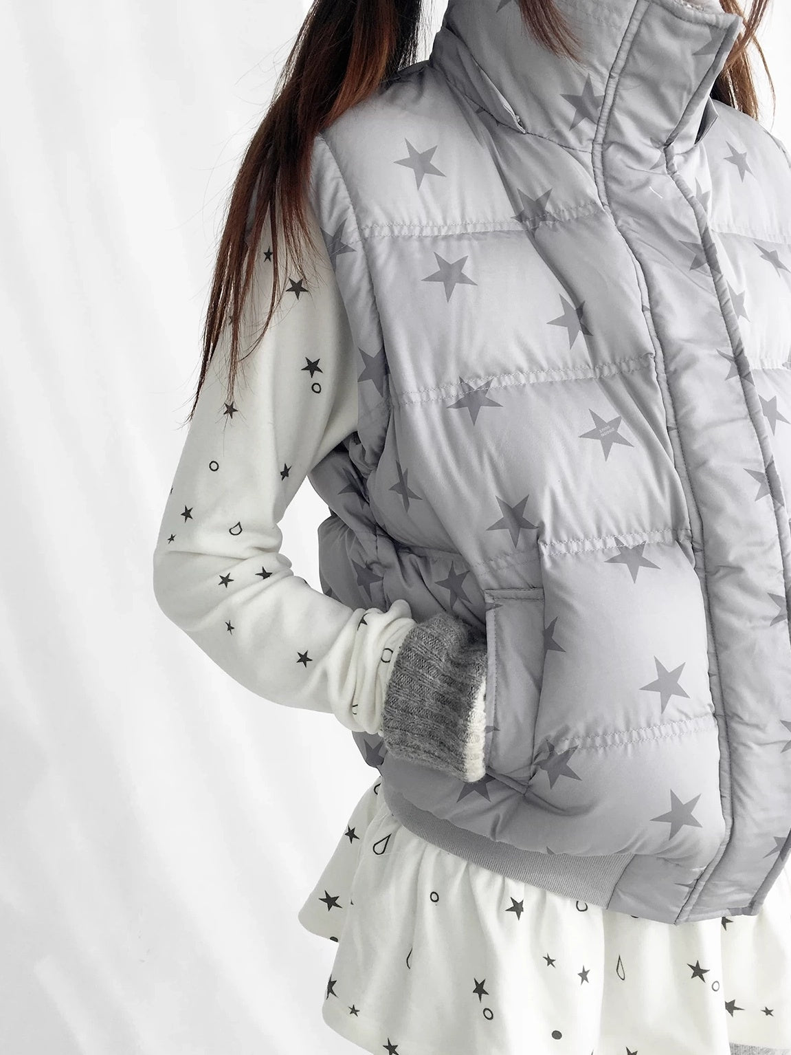 innomoood Warm 90% White Duck Down Star Print Removable Hood Straight Zip Down Jacket