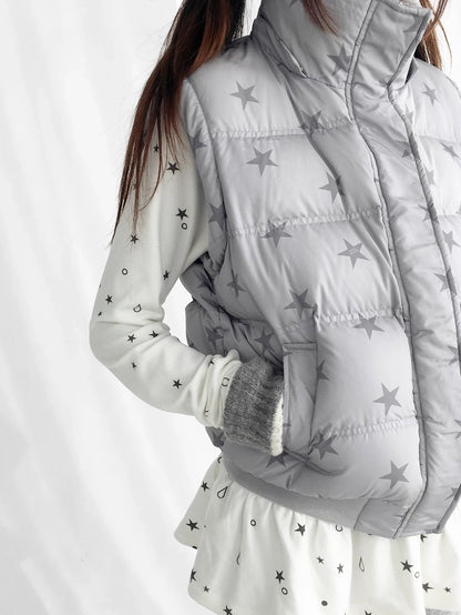 innomoood Warm 90% White Duck Down Star Print Removable Hood Straight Zip Down Jacket