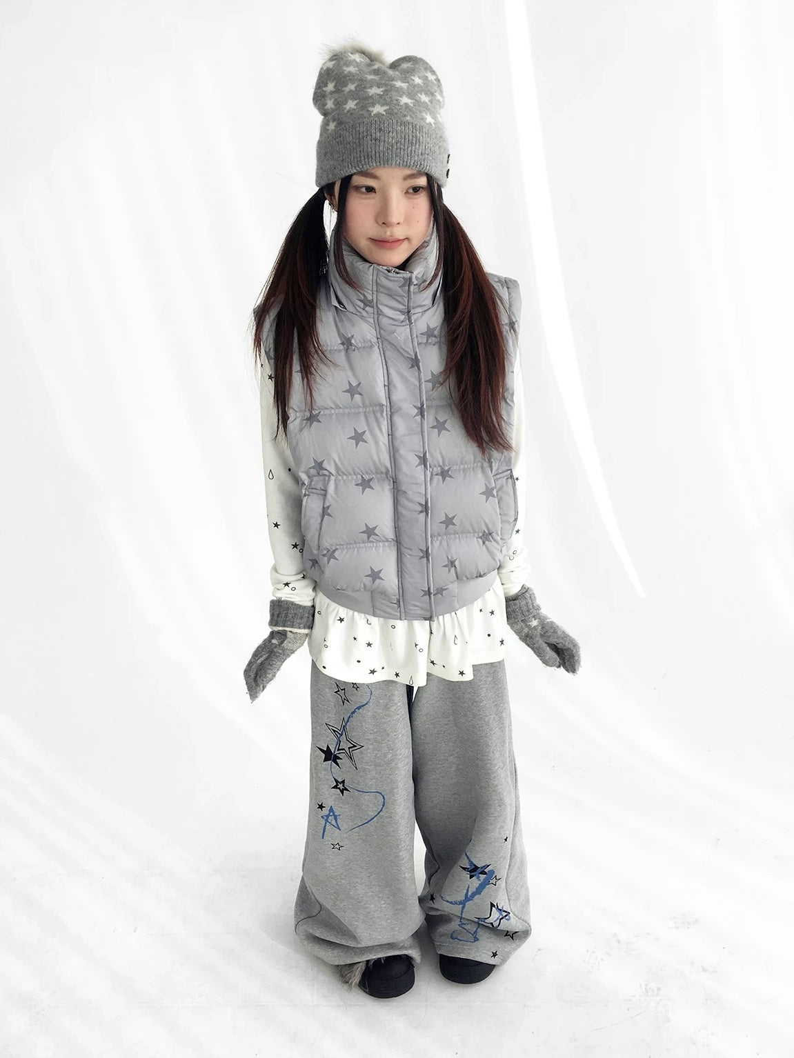 innomoood Warm 90% White Duck Down Star Print Removable Hood Straight Zip Down Jacket