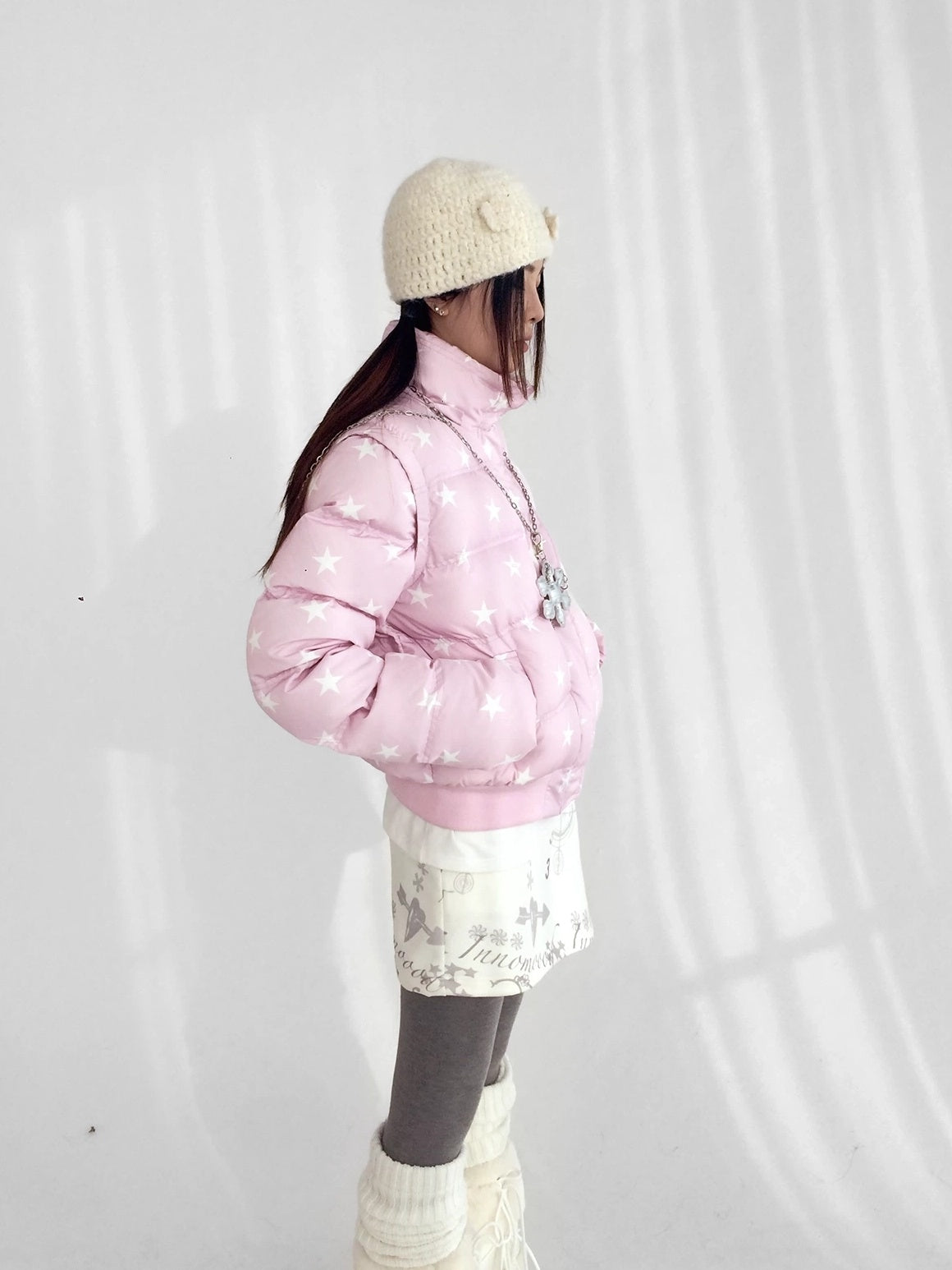 innomoood Warm 90% White Duck Down Star Print Removable Hood Straight Zip Down Jacket