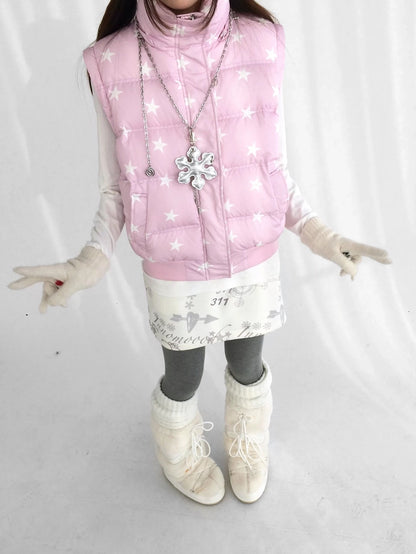 innomoood Warm 90% White Duck Down Star Print Removable Hood Straight Zip Down Jacket