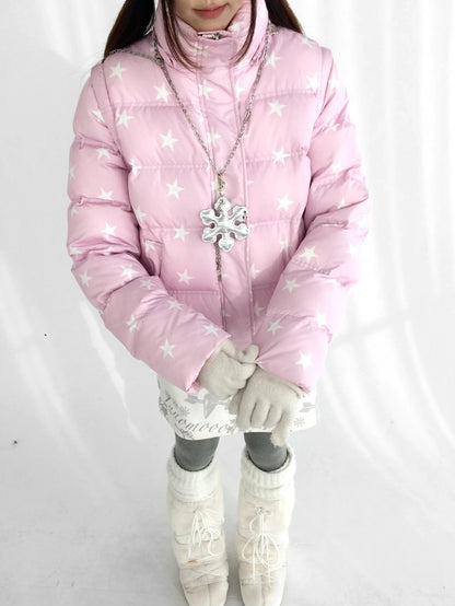 innomoood Warm 90% White Duck Down Star Print Removable Hood Straight Zip Down Jacket