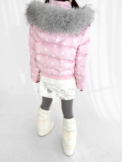 innomoood Warm 90% White Duck Down Star Print Removable Hood Straight Zip Down Jacket