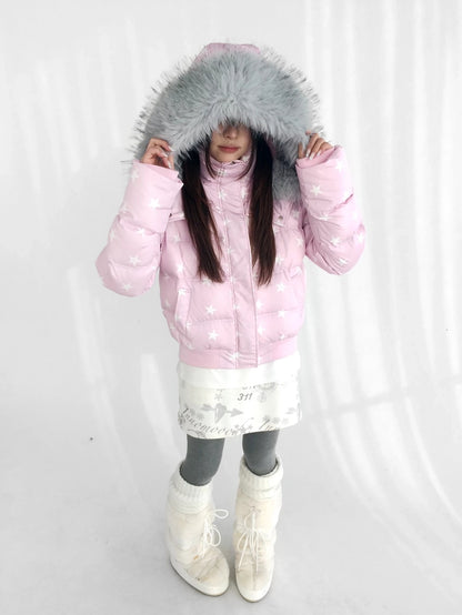 innomoood Warm 90% White Duck Down Star Print Removable Hood Straight Zip Down Jacket